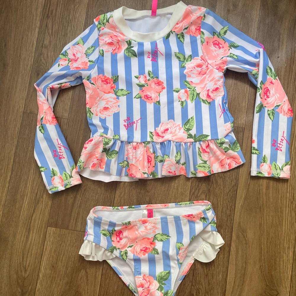 Betsey Johnson Girls Floral Stripe Long-Sleeve Rash Guard Swim Set - Size 5